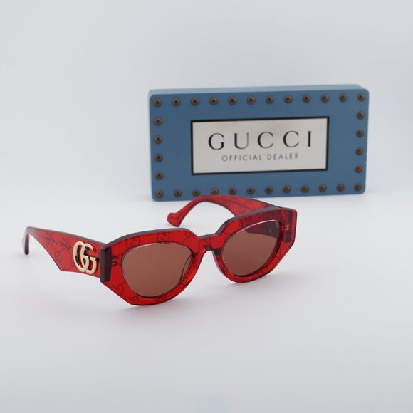 Gucci GG1421S 006 Geometric Sunglasses - Transparent Red with GG Pattern/Brown main image 4